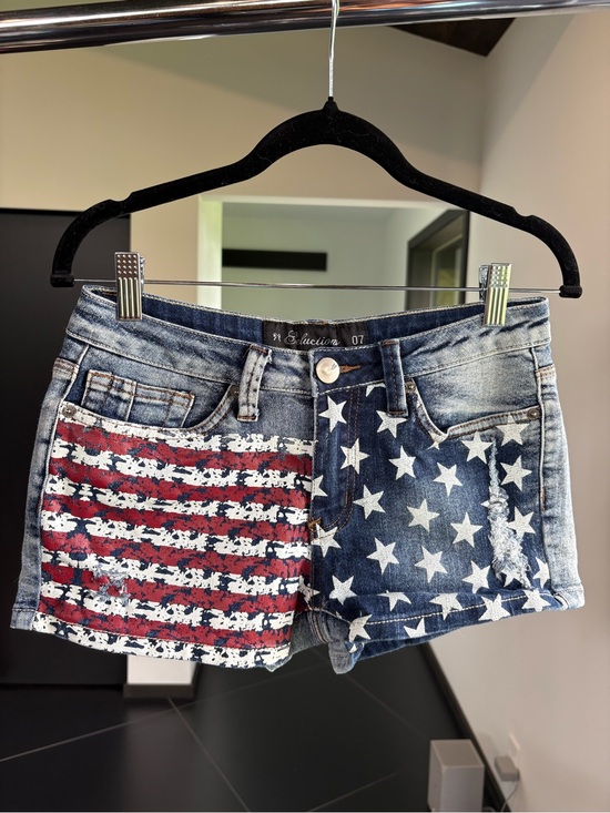 Pants - Distressed Flag Print Denim Shorts - Red, Blue & White